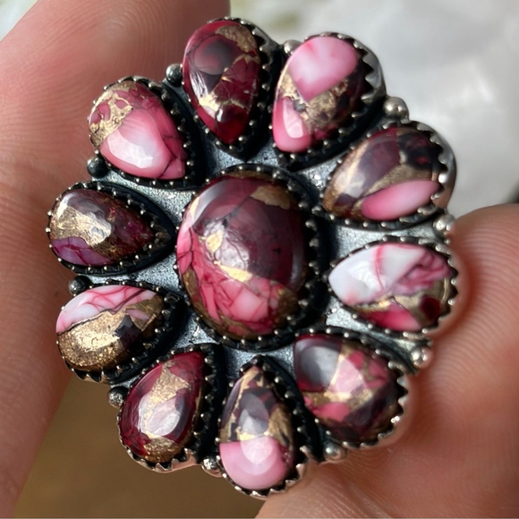 Pure Sterling Silver 925 Red Dahlia Turquoise Cluster Ring Size 7 Navajo Style - Picture 10 of 12